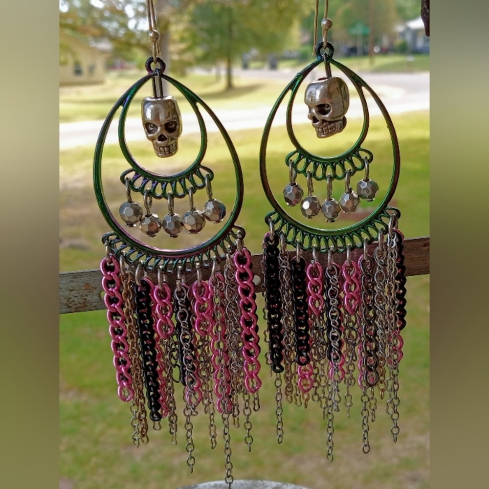 SOLD Sterling Silver Plt Skull Chandelier Earrings - Picture 8 of 9